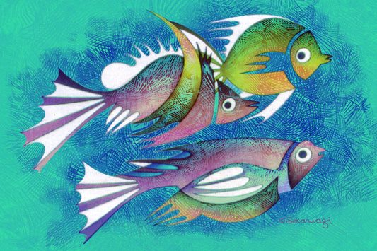The "Aquarium #2" Canvas Art is a colorful abstract fish composition with intricate patterns swimming against a textured turquoise background. The vibrant hues of purple, pink, green, and blue are enhanced with white highlights on their fins and eyes.