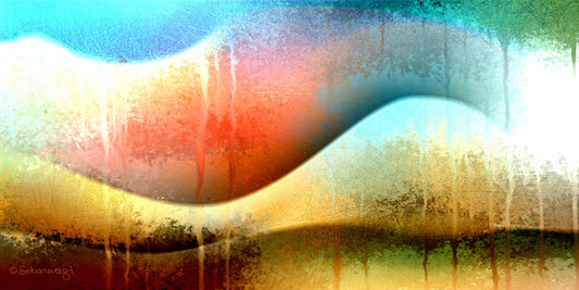 The Awesomeness - Canvas Art features an abstract giclee design with vibrant blue, red, and yellow colors. Flowing curves evoke rolling hills with textured surfaces, blending organic and geometric shapes. Subtle trees add layers for a dreamlike effect.