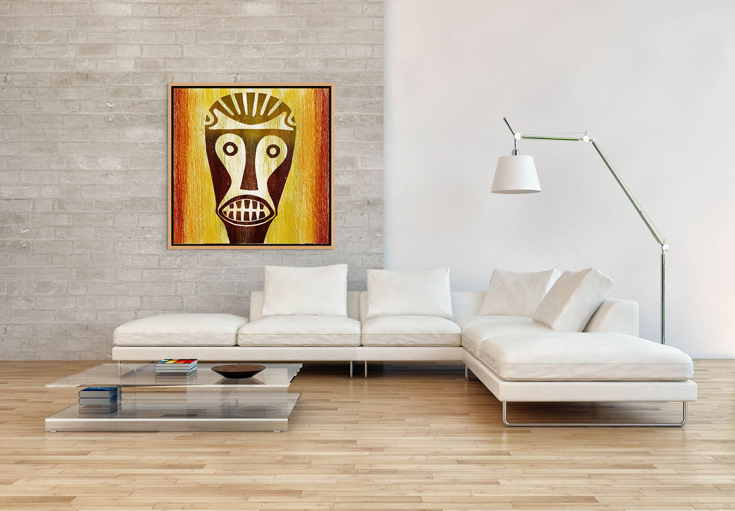 A modern living room boasts a white sectional sofa and glass coffee table on a wooden floor, accentuated by a floor lamp. The Big Teeth Mask canvas art, featuring an expressive face, is ready to hang on the light gray brick wall.