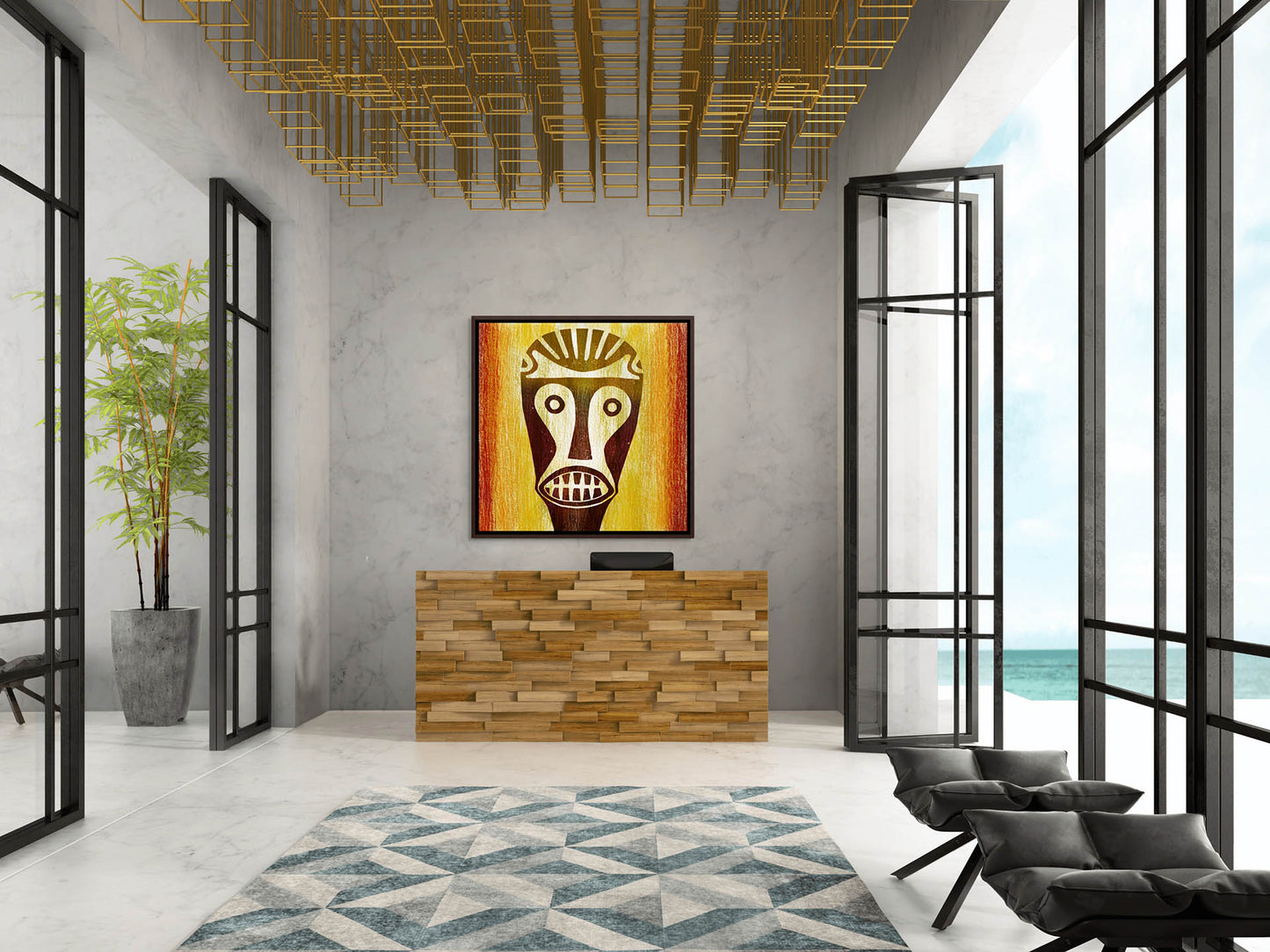 Modern lobby with large windows and a geometric ceiling; a wooden reception desk faces a tribal painting, while black chairs line the wall. The African Big Teeth Mask - Canvas Art is ready to hang beside the potted plant on the left, with an ocean view visible through the windows.