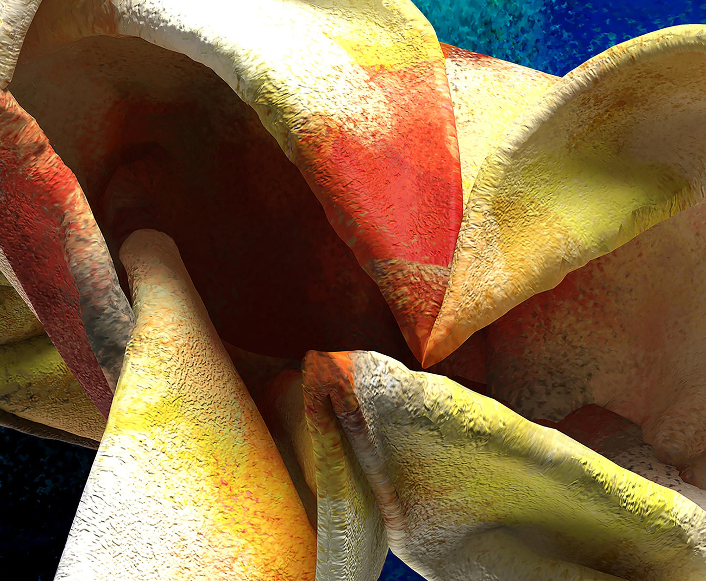 A close-up of Blossoming Thought - Canvas Art, featuring an abstract 3D shape with swirling textures and colors in shades of yellow, orange, and red. The form resembles twisted fabric against a dark blue background, reminiscent of vibrant Giclee Art Prints.