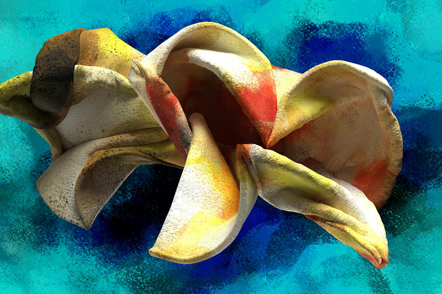The Blossom Thought - Canvas Art resembles an abstract sculpture of folded fabric in earthy tones with hints of red and yellow against a textured teal and blue background, where light and shadow enhance its intricate, flowing form.