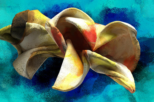 The Blossom Thought - Canvas Art resembles an abstract sculpture of folded fabric in earthy tones with hints of red and yellow against a textured teal and blue background, where light and shadow enhance its intricate, flowing form.