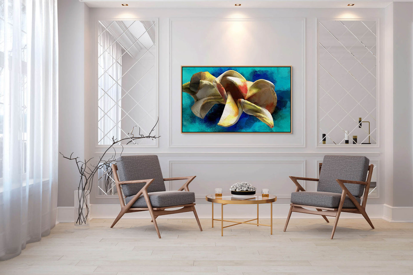 A modern living room with mirrored wall panels and minimalist decor features two gray armchairs and a small round table. On the wall hangs Blossoming Thought, a vibrant floral painting in blue, yellow, and cream tones created using eco-solvent inks.