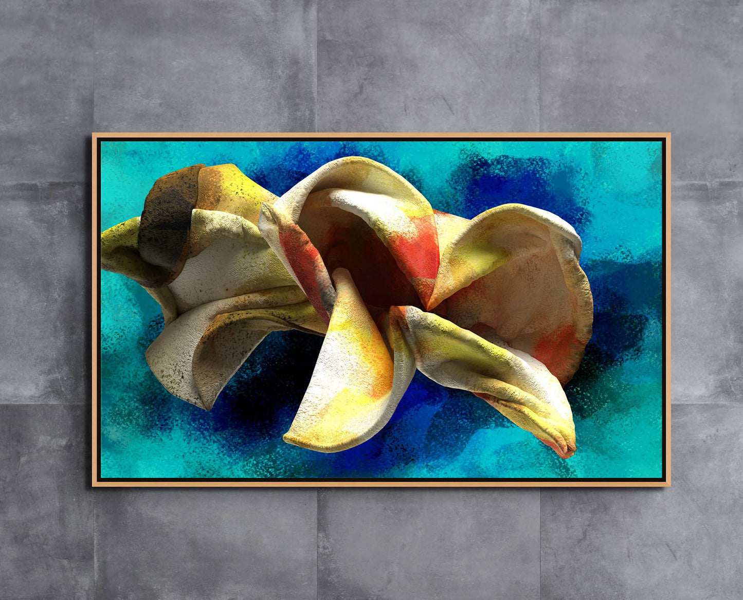 Blossoming Thought - Canvas Art on a gray wall features swirling yellow, orange, and white shapes on a vibrant blue background. Created with eco-solvent inks, this captivating piece offers both lasting quality and minimal environmental impact.