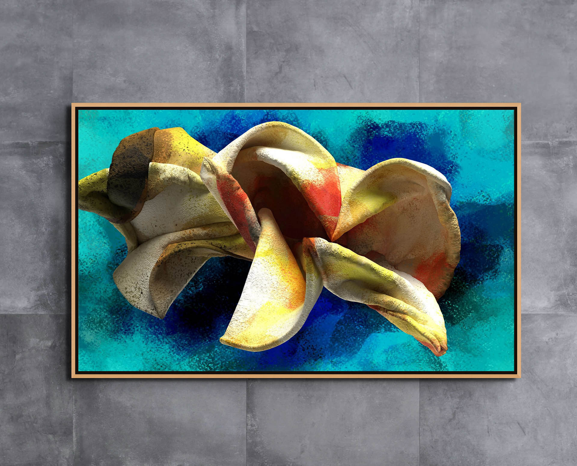 Blossoming Thought - Canvas Art on a gray wall features swirling yellow, orange, and white shapes on a vibrant blue background. Created with eco-solvent inks, this captivating piece offers both lasting quality and minimal environmental impact.