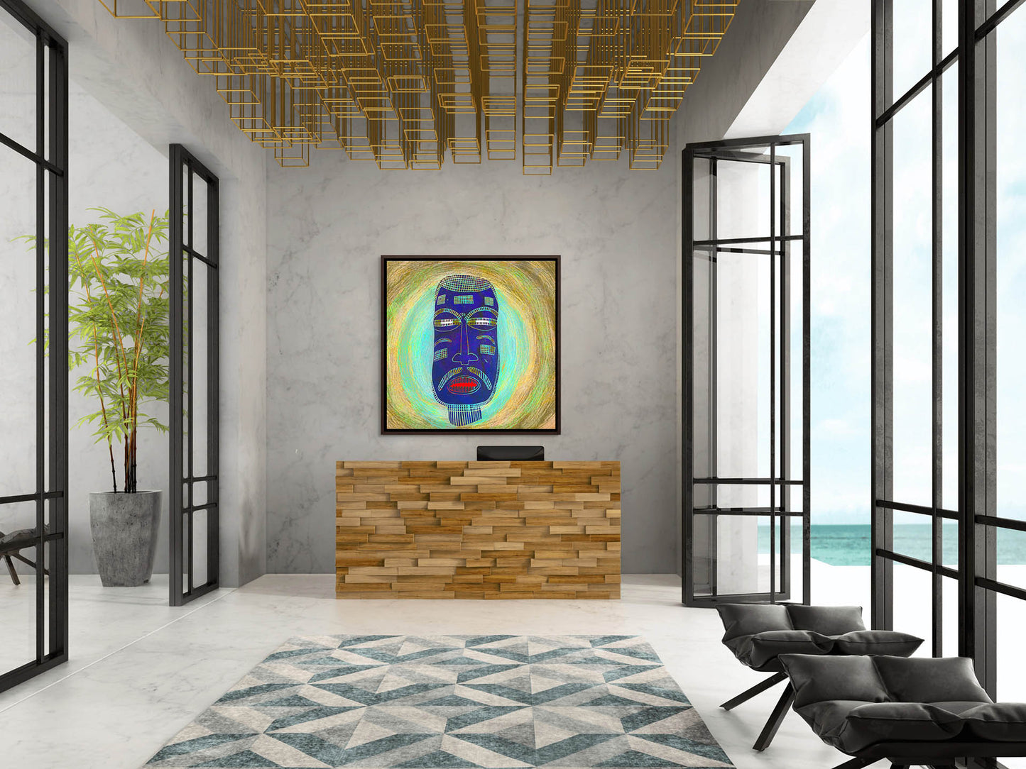 The modern lobby showcases a minimalist wooden reception desk and Blue Mask - Canvas Art by an African artist. Large windows offer ocean views, while geometric ceiling art and a patterned rug enhance the design, crafted with eco-solvent inks for sustainability.