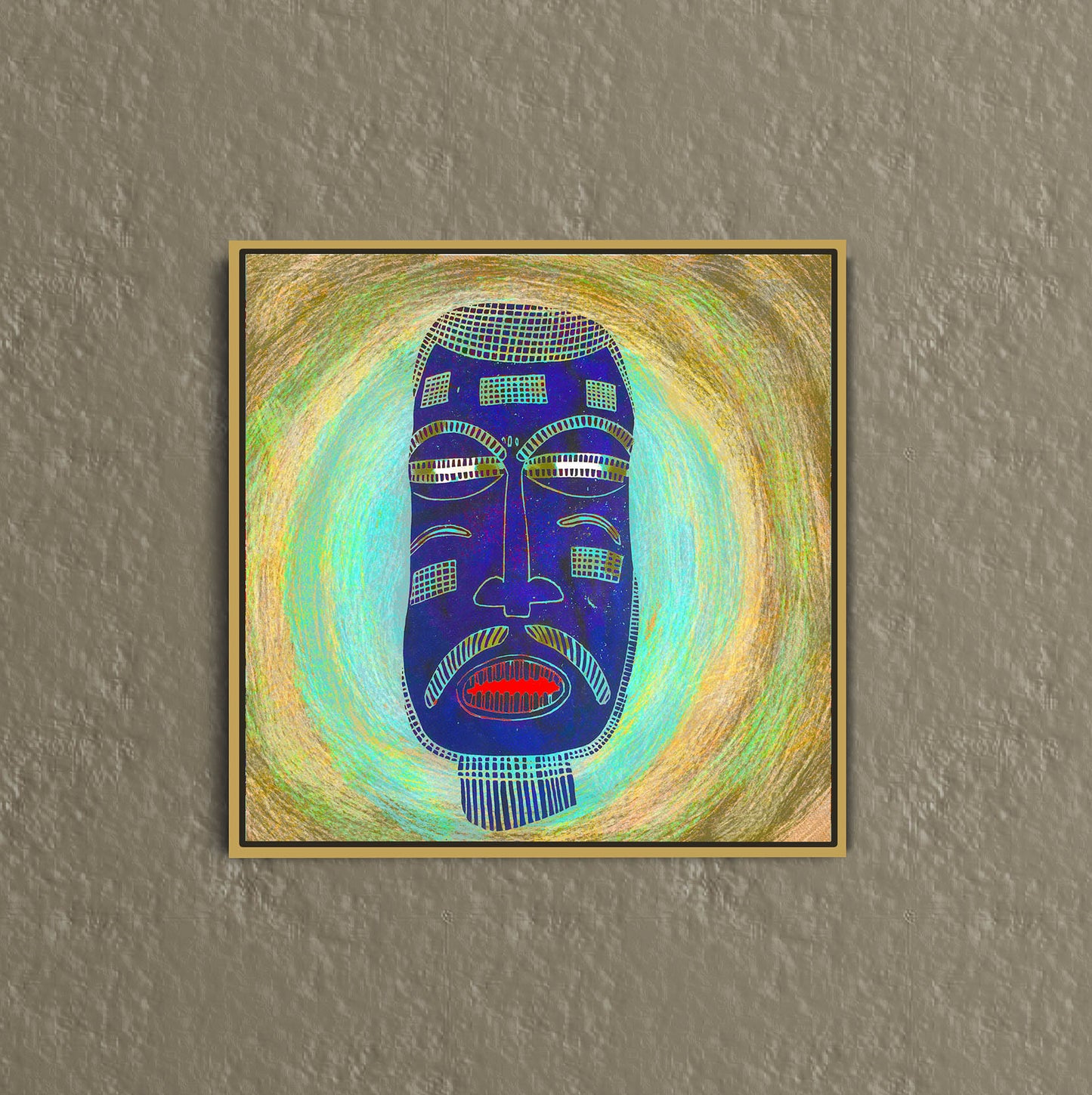 The Blue Mask - Canvas Art, crafted by an African artist, features a stylized mask with geometric patterns in blue, white, and red against a vibrant swirling backdrop of blue, green, and yellow. Its displayed on a textured gray wall.
