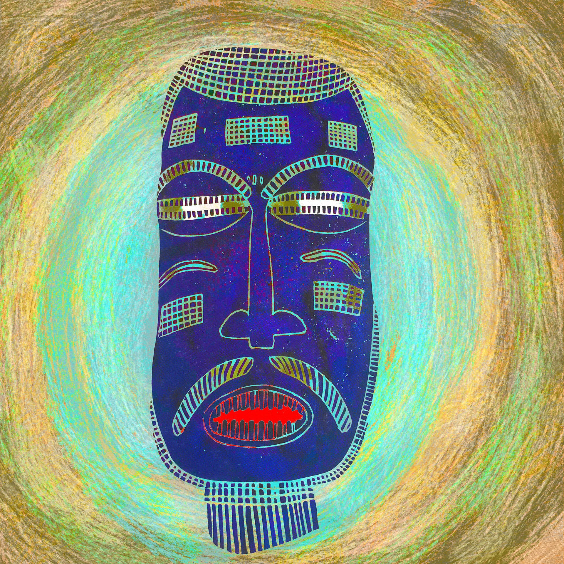The Blue Mask - Canvas Art features a stylized blue tribal mask with intricate geometric patterns on the forehead and cheeks, complemented by red lips. Using eco-solvent inks, it stands out against a textured swirl of green and gold tones.