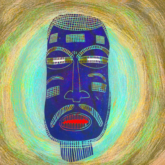 The Blue Mask - Canvas Art features a stylized blue tribal mask with intricate geometric patterns on the forehead and cheeks, complemented by red lips. Using eco-solvent inks, it stands out against a textured swirl of green and gold tones.