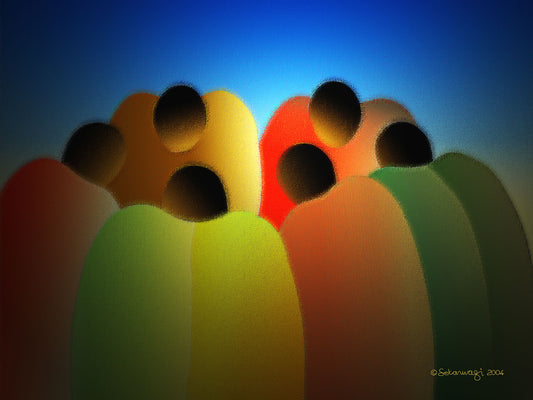 The Circle Of Friends canvas art features abstract artwork of seven stylized figures in bright red, green, yellow, and orange. The figures have rounded black heads set against a gradient blue background. Available as ready-to-hang prints with an impressionistic flair.