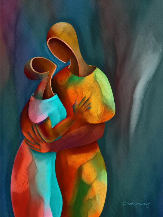 The Confidant - Canvas Art features an abstract portrayal of two embracing figures in vibrant orange, teal, and red against a textured deep green and blue background. Its simple, rounded forms evoke warmth. Available as ready-to-hang canvas art prints to enhance any space.