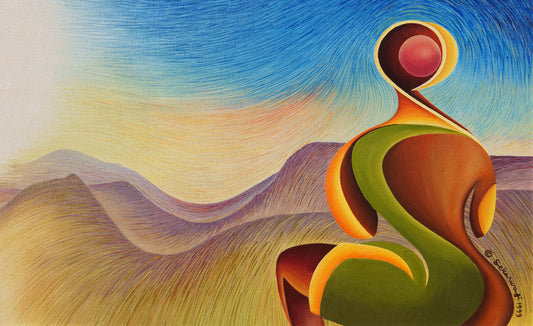 Dawn Of A New Century is a ready-to-hang abstract painting featuring a figure with smooth curves, blending earthy tones against blue, yellow, and purple rolling mountains under a pale sky. This Contemporary African Expressionist canvas art print captures movement and fluidity.