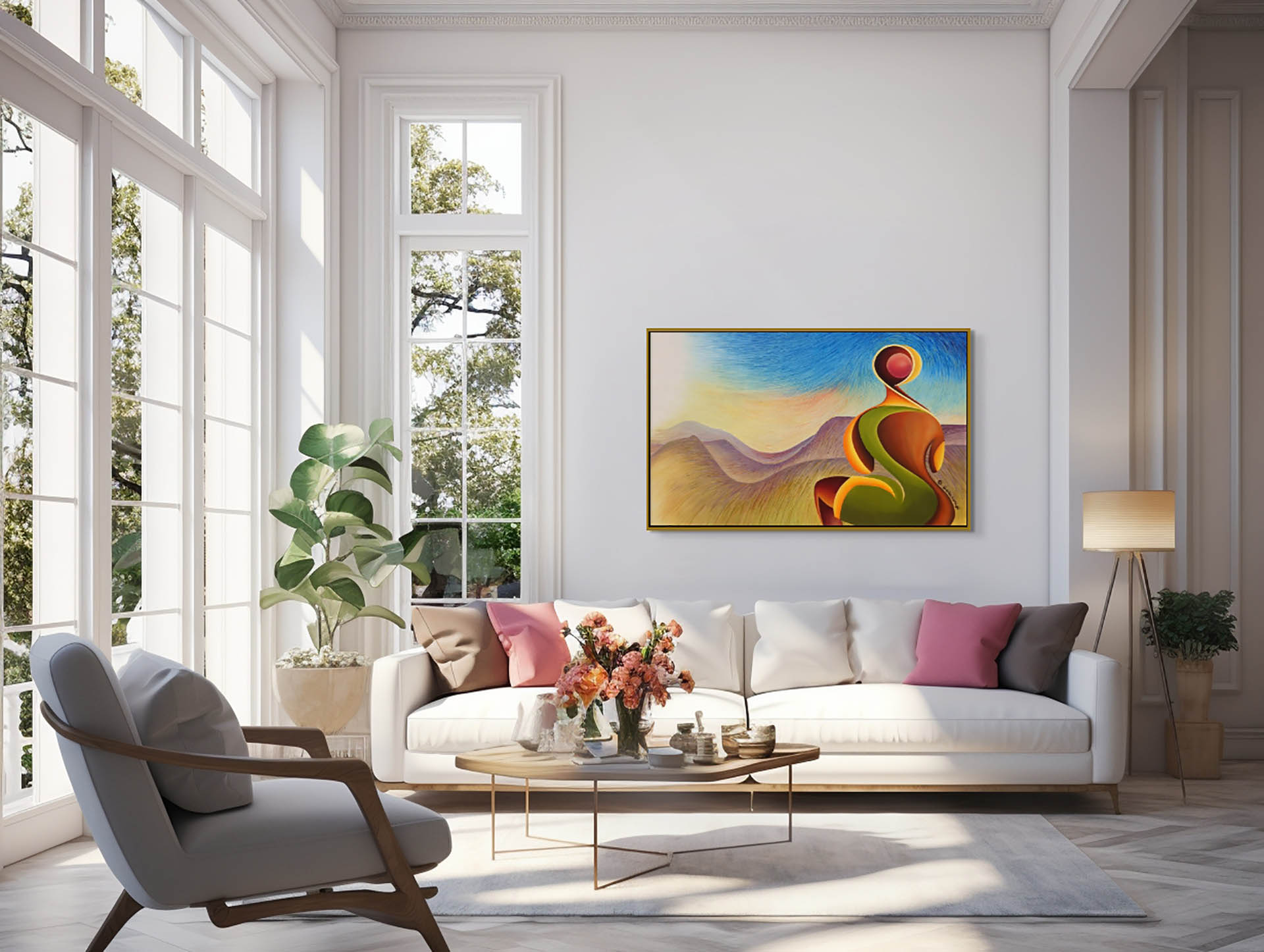 A bright living room with large windows showcases a light gray sofa with colorful cushions. The Dawn Of A New Century African expressionist canvas art print enhances the wall above the flower-adorned coffee table, while a floor lamp and potted plant complete the decor.
