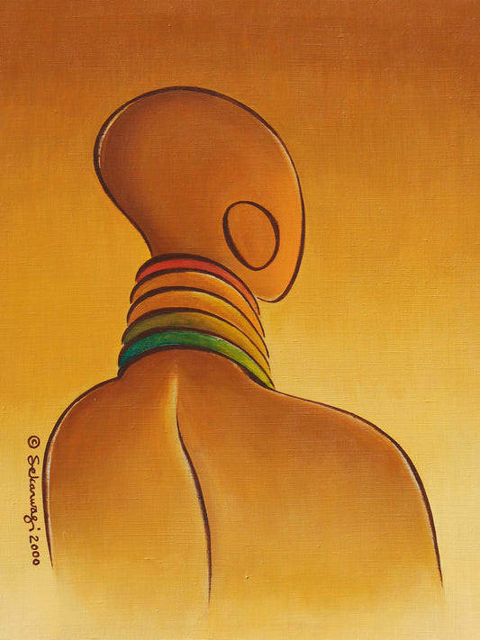 The Elegance canvas art print features a stylized figure with an elongated neck adorned with vibrant rings. Its set against a warm orange-yellow gradient background, printed on premium cotton canvas, ready to hang. The artists signature and date are on the left side.