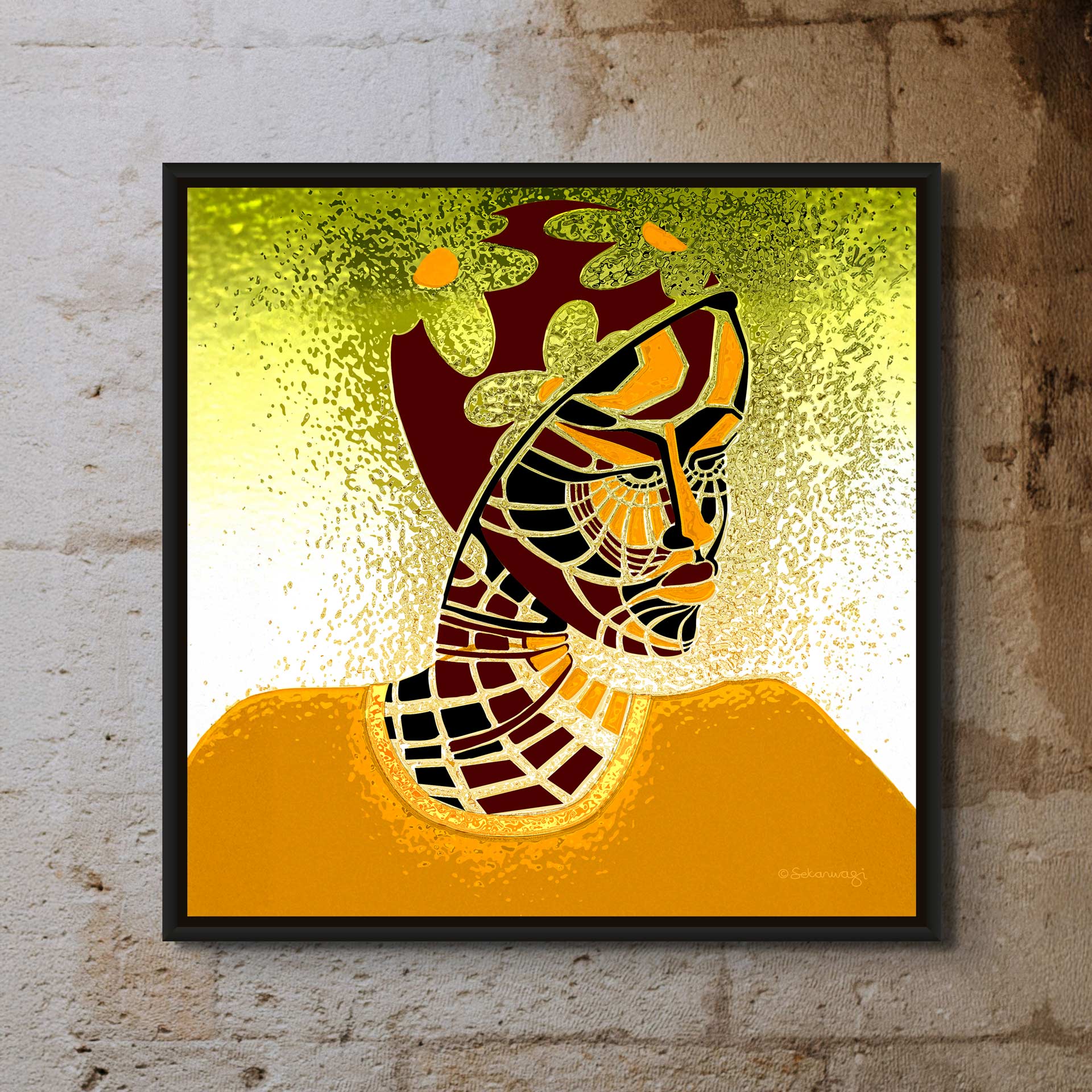 The Elements Of Beauty - Contemporary African Minimalist Canvas Art Print showcases a stunning stylized face with intricate geometric patterns in warm gold, brown, and green tones, beautifully displayed against a textured gray wall.