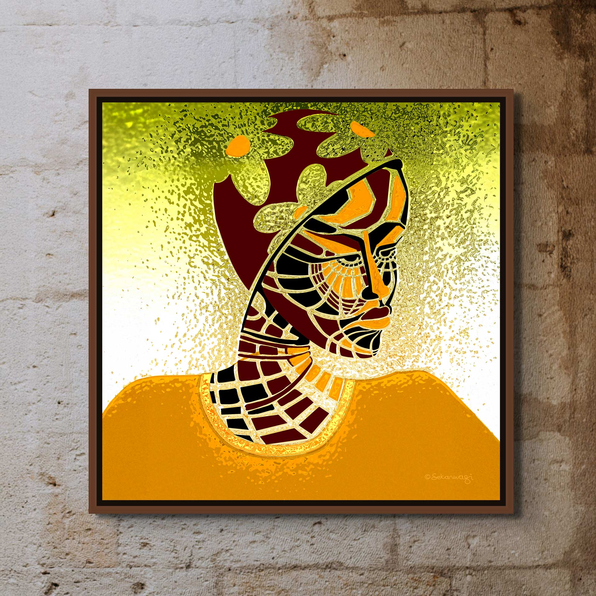 The Elements Of Beauty - Contemporary African Minimalist Canvas Art Print showcases a stylized human figure in profile with geometric patterns and shapes. The vibrant color palette of oranges, yellows, and greens contrasts beautifully against its textured background, framed and mounted on a concrete wall.