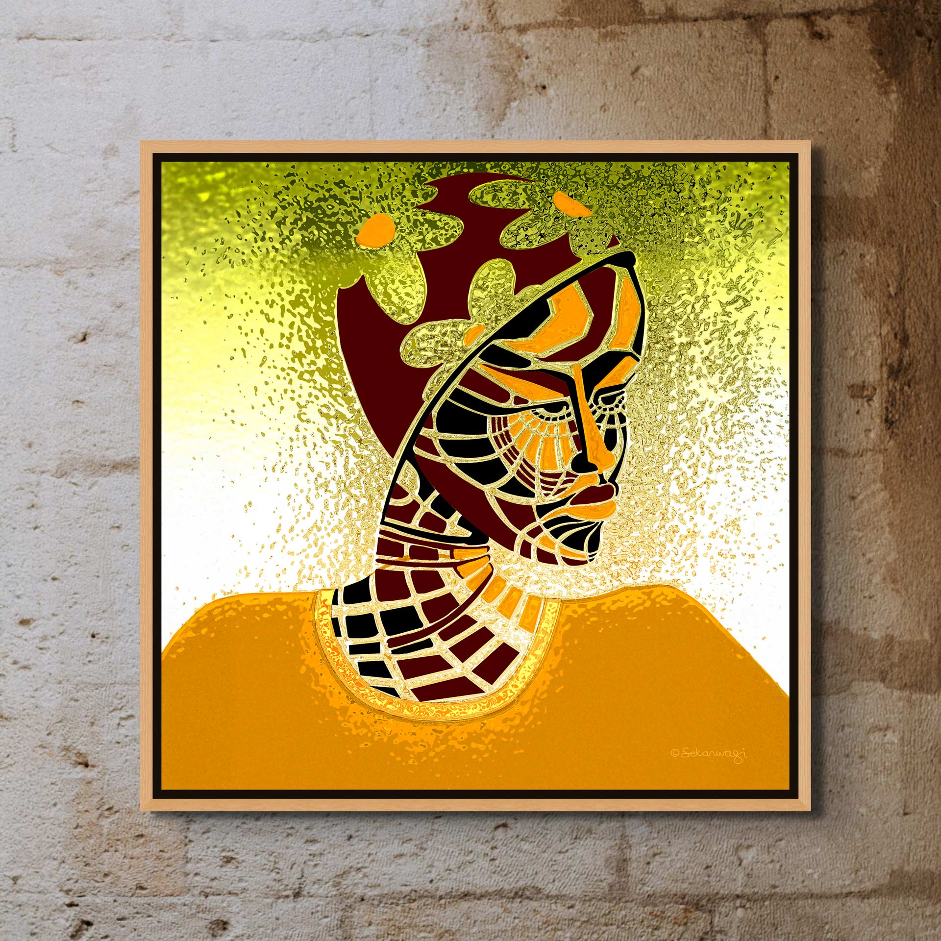 The Elements Of Beauty - Contemporary African Minimalist Canvas Art depicts an abstract portrait  of a woman painted in warm gold, brown, and green tones. It features a stylized face with geometric patterns on a rustic background and is enhanced by textured, speckled colors.