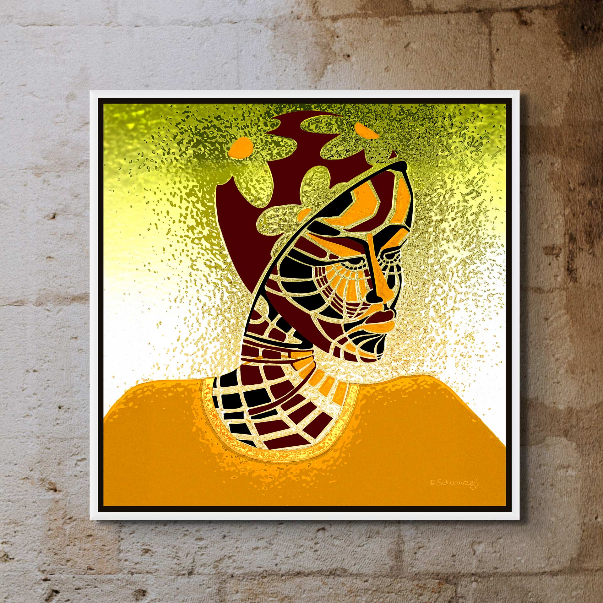 Elements Of Beauty - Contemporary African Minimalist Canvas Art Print showcases a person with a patterned face and headscarf in warm tones, set against a green and yellow gradient. This abstract piece is part of an exclusive canvas art print collection.