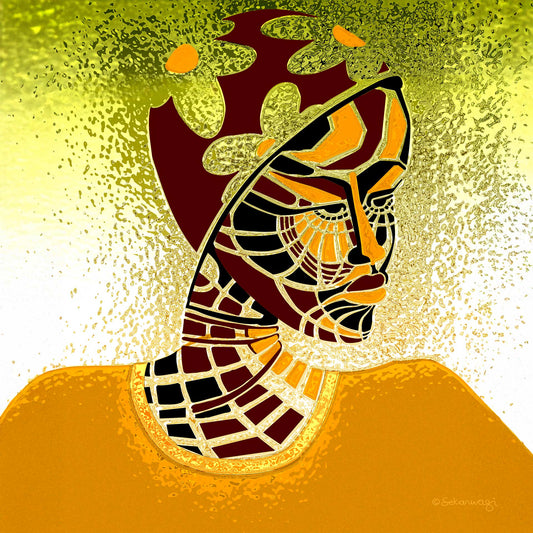 The Elements Of Beauty - Contemporary African Minimalist Canvas Art Print features a person with geometric face patterns in yellow, orange, and dark brown against a green-to-white background. The figures headdress is decorated with circular and leaf-shaped designs.