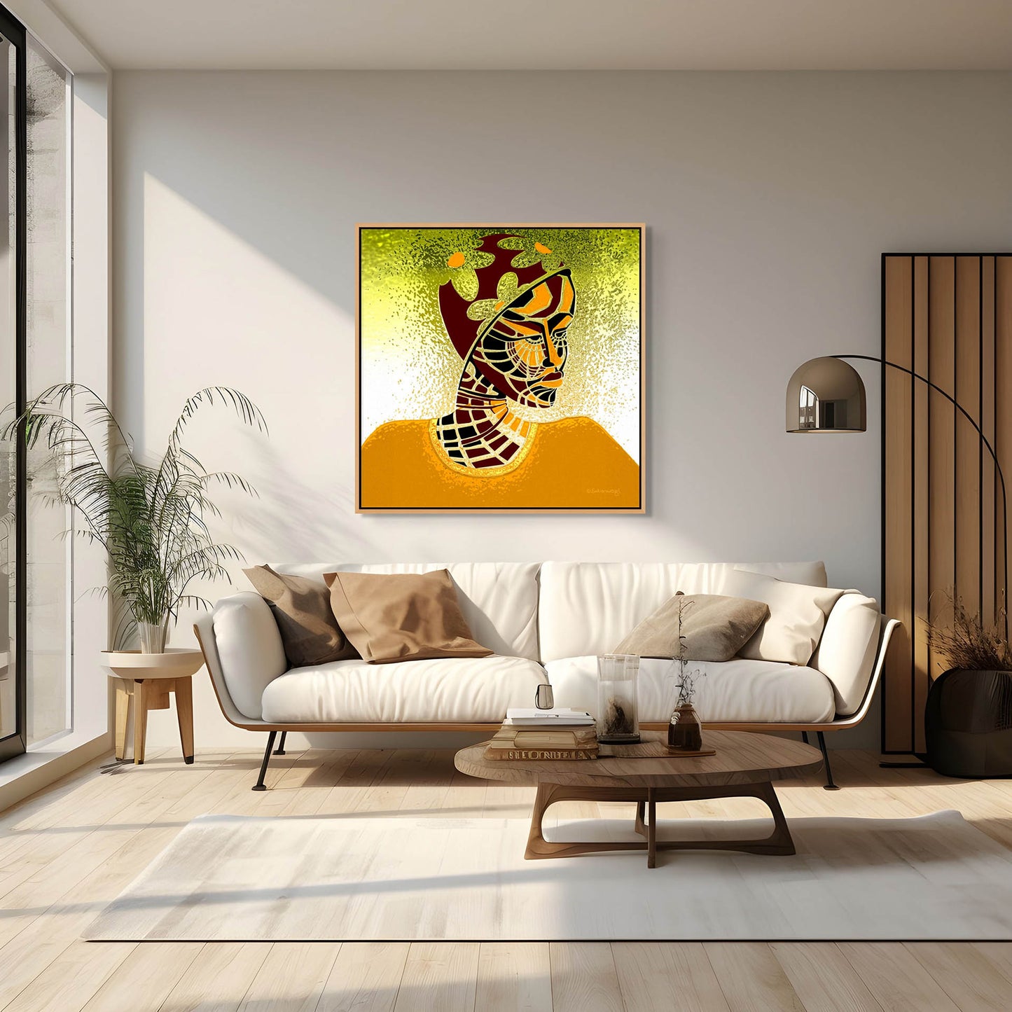 A modern living room showcases a white sofa with beige and brown cushions, accompanied by a round wooden coffee table. A potted plant by the window complements the Elements Of Beauty - Contemporary African Minimalist Canvas Art Print, adorned with geometric and leaf motifs, hangs above the sofa.