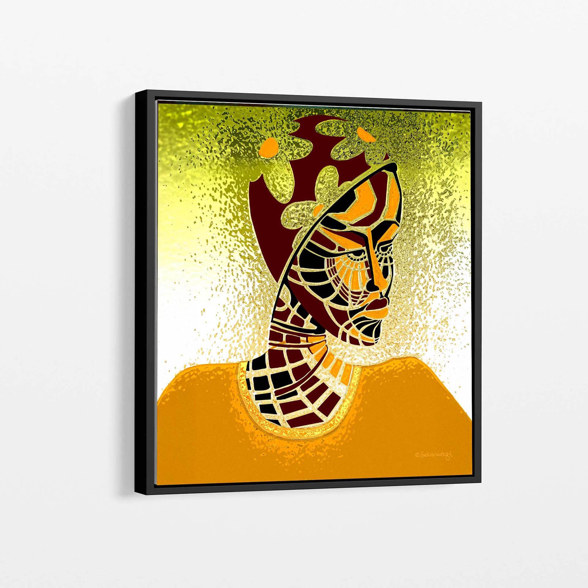 The Elements Of Beauty canvas art print features a contemporary minimalist African design, showcasing a framed abstract painting of a head with geometric patterns in warm brown, orange, and yellow hues against a textured yellow and green backdrop.