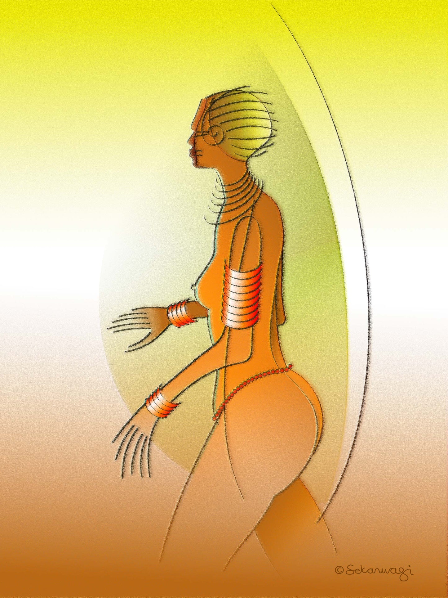 A contemporary African expressionist print, "Fantasy Woman" depicts a profile of a woman adorned with jewelry, set against a yellow-to-orange gradient. Painted on premium cotton canvas, it features elongated lines and soft gradients for a sense of motion and elegance.