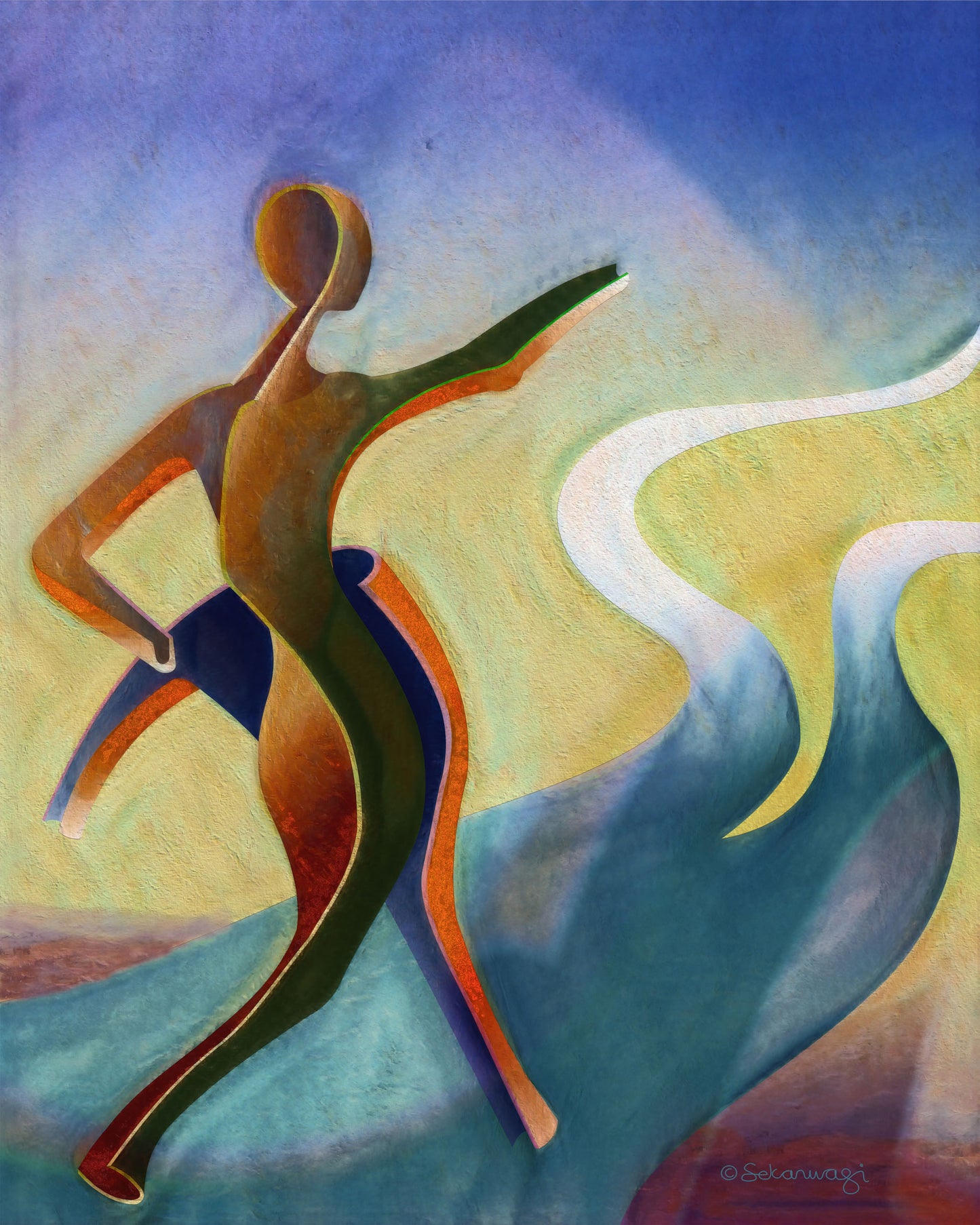Fork In The Road - Canvas Art features a dynamically posed figure in warm shades, with one arm extended. Ideal for interior design, it boasts a background of flowing lines and blended colors that infuse the composition with movement and energy.