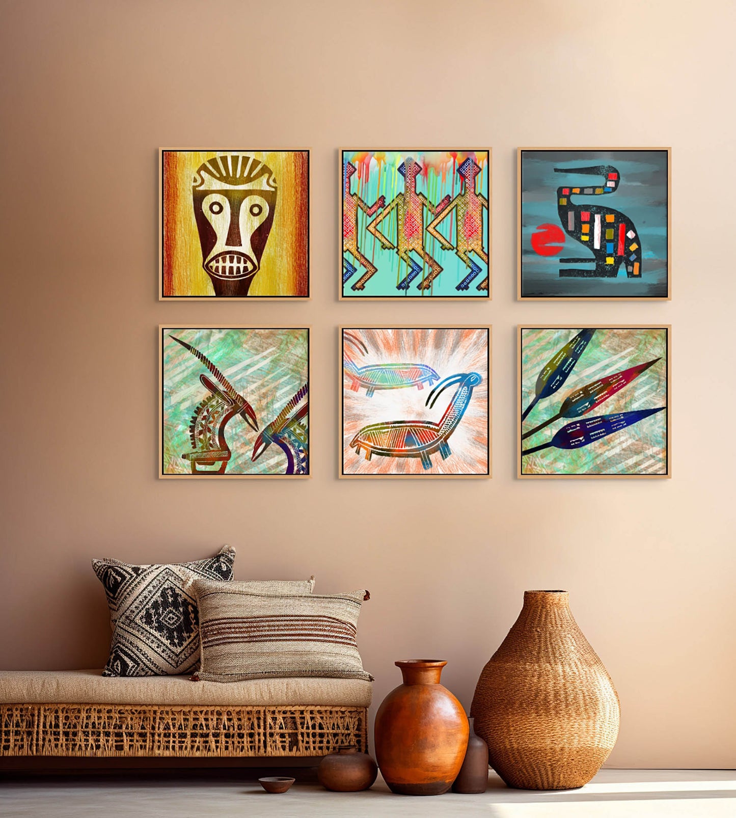 A cozy room features a woven bench with patterned cushions and pottery vases. Six Big Teeth Mask canvas art pieces in wooden frames showcasing tribal and geometric motifs hang on the beige walls, enhancing the warm, artistic ambiance. Everything is ready to hang.
