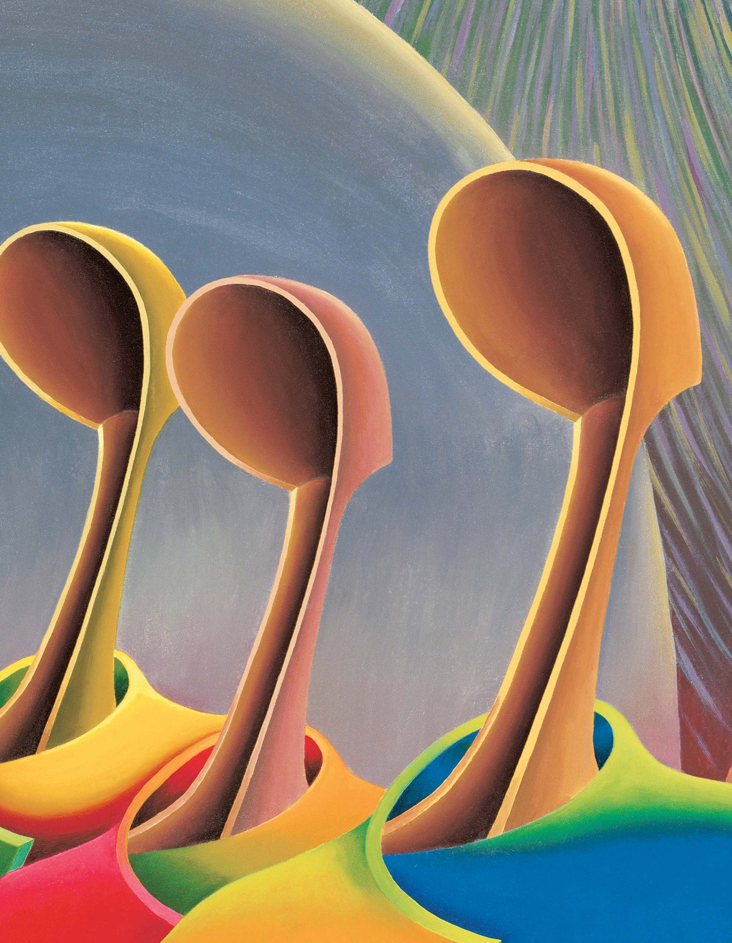 The Great Expectations canvas art features three elongated forms in red, yellow, and green against a swirling blue-gray backdrop. Symbolizing movement and unity, this gallery wrap style piece is ready to hang for effortless decor.