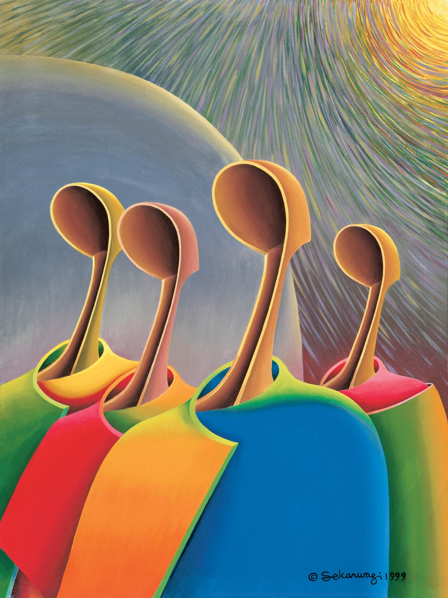 "Great Expectations" is a vibrant abstract painting featuring four faceless figures with elongated necks dressed in red, yellow, blue, and green against a colorful swirled background. A sun-like object glows at the top right.
