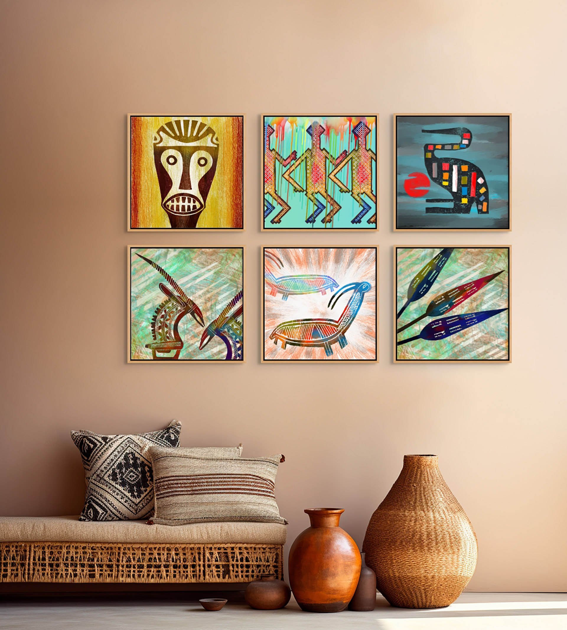 A beige wall features the Big Teeth Mask Canvas Art and five vibrant framed paintings with abstract, tribal designs. Below, a cushioned bench with patterned pillows sits next to two ceramic vases and a woven basket, creating a rustic artistic ambiance.
