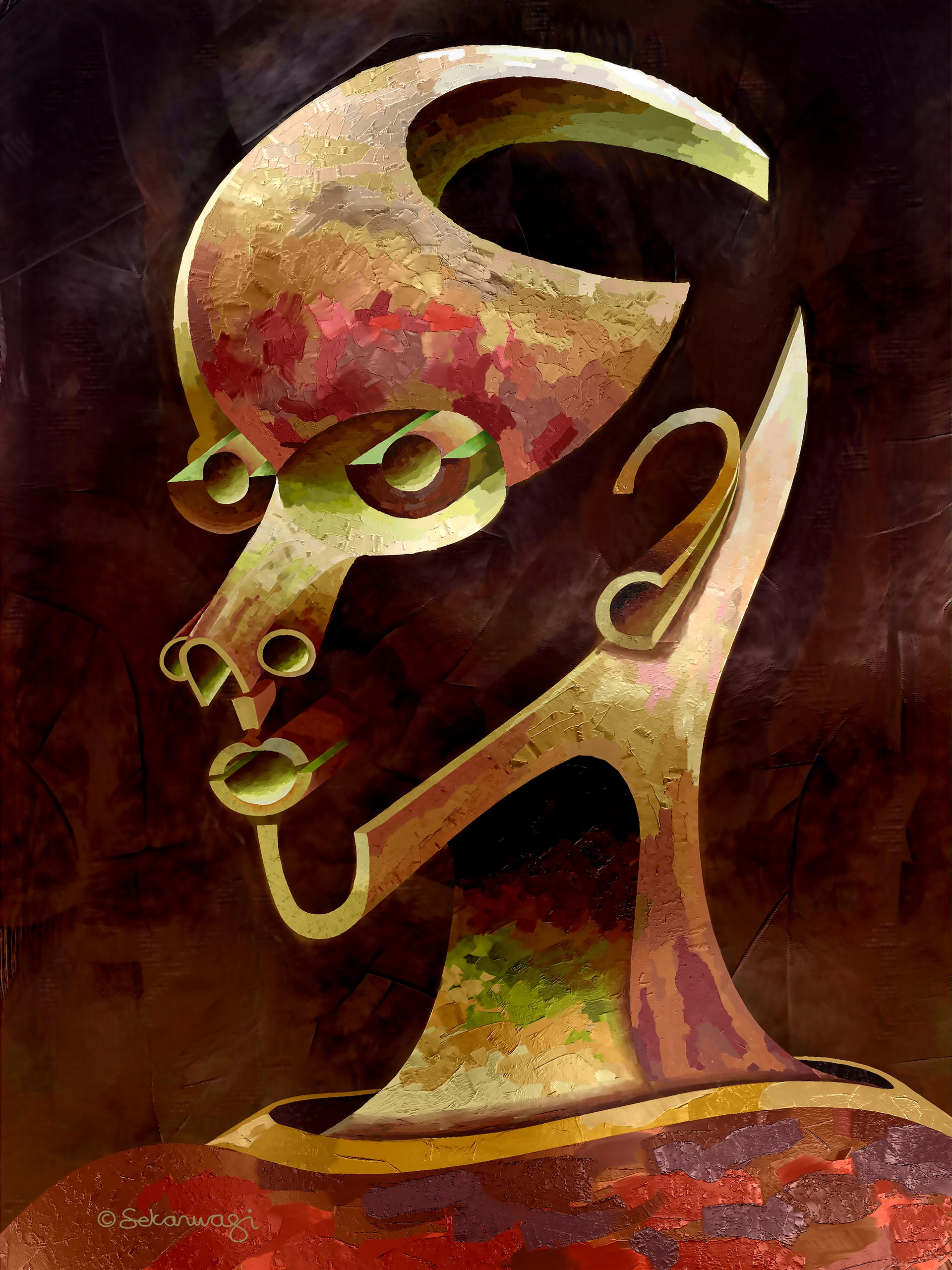 Is What You See What You Get? - Canvas Art features an abstract figure with a geometric face in vivid reds, yellows, and browns against a dark background, creating a dynamic surreal effect. This piece of contemporary African art inspires any interior design.