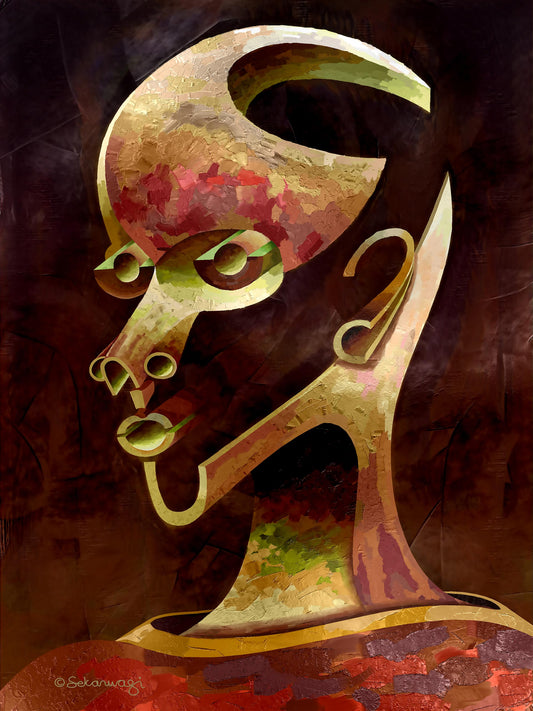 Is What You See What You Get? - Canvas Art features an abstract figure with a geometric face in vivid reds, yellows, and browns against a dark background, creating a dynamic surreal effect. This piece of contemporary African art inspires any interior design.