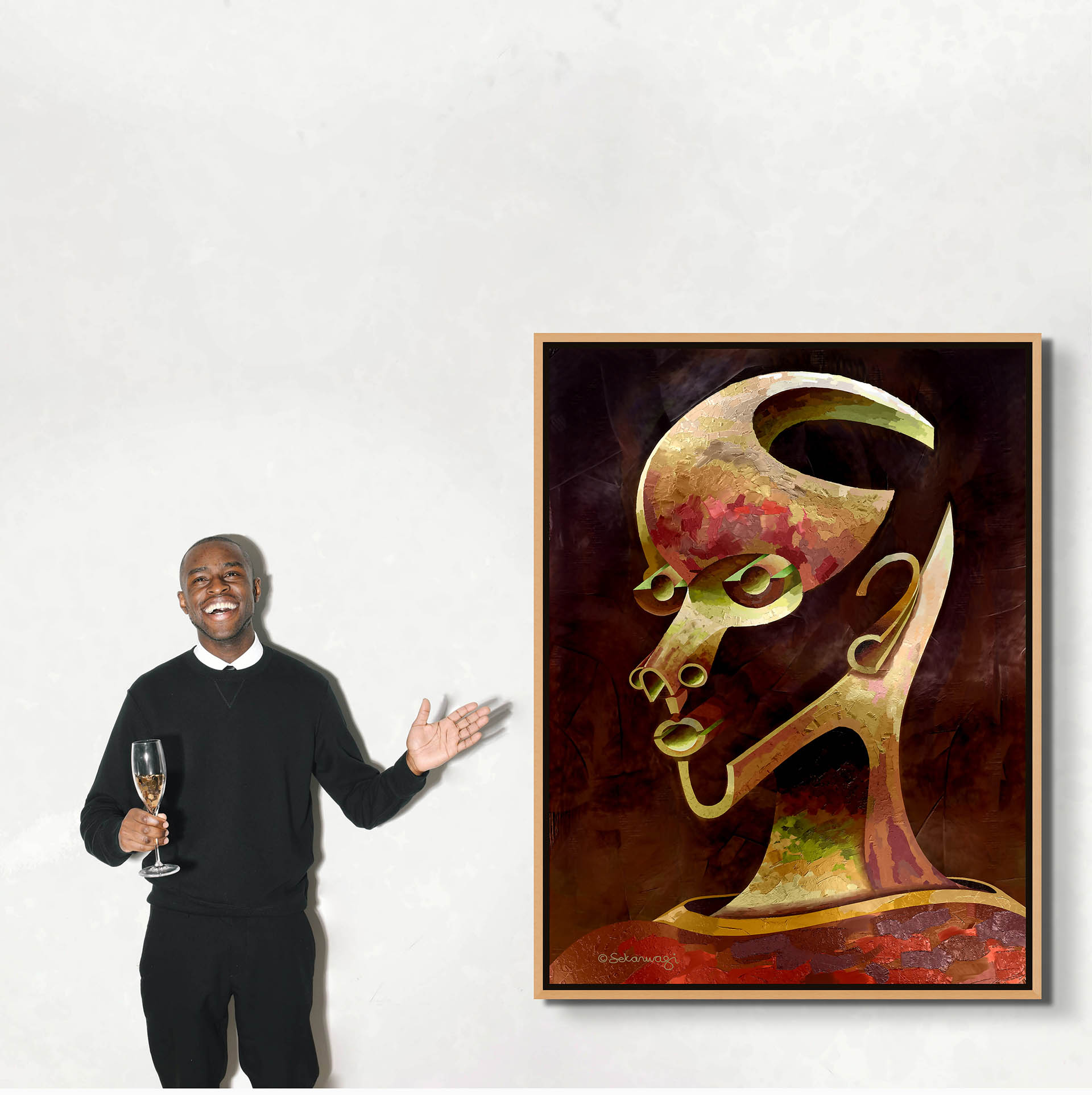 A man in a black sweater holds a wine glass and gestures toward Is What You See What You Get? - Canvas Art, an abstract piece depicting a stylized human head with earthy tones and a prominent yellow outline set against a light backdrop, wrapped in gallery style.