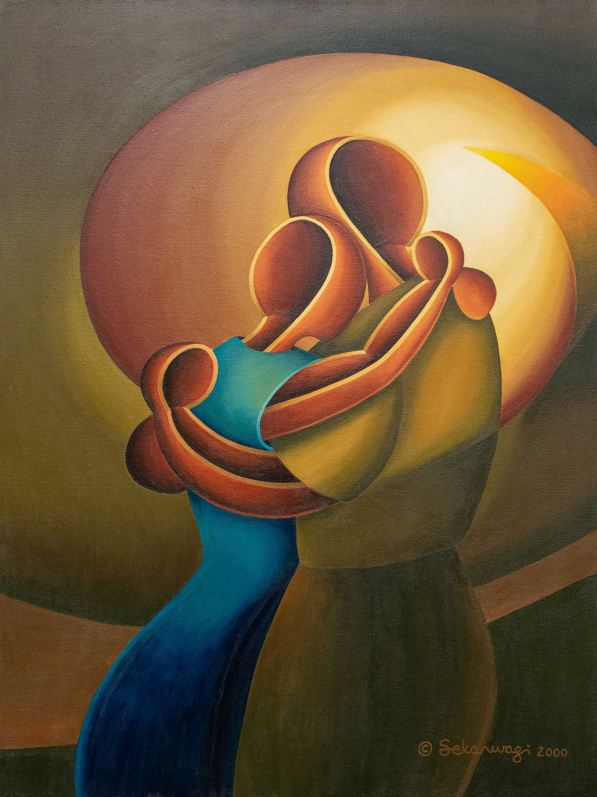 Love Me Tender - Canvas Art features an abstract painting of three stylized figures in a warm embrace, echoing contemporary African Art with smooth, flowing shapes. Earthy tones and circular gradients of orange and gold offer an inspirational touch for interior design.