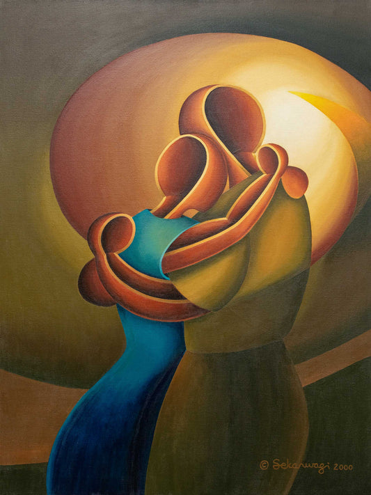Love Me Tender - Canvas Art features an abstract painting of three stylized figures in a warm embrace, echoing contemporary African Art with smooth, flowing shapes. Earthy tones and circular gradients of orange and gold offer an inspirational touch for interior design.