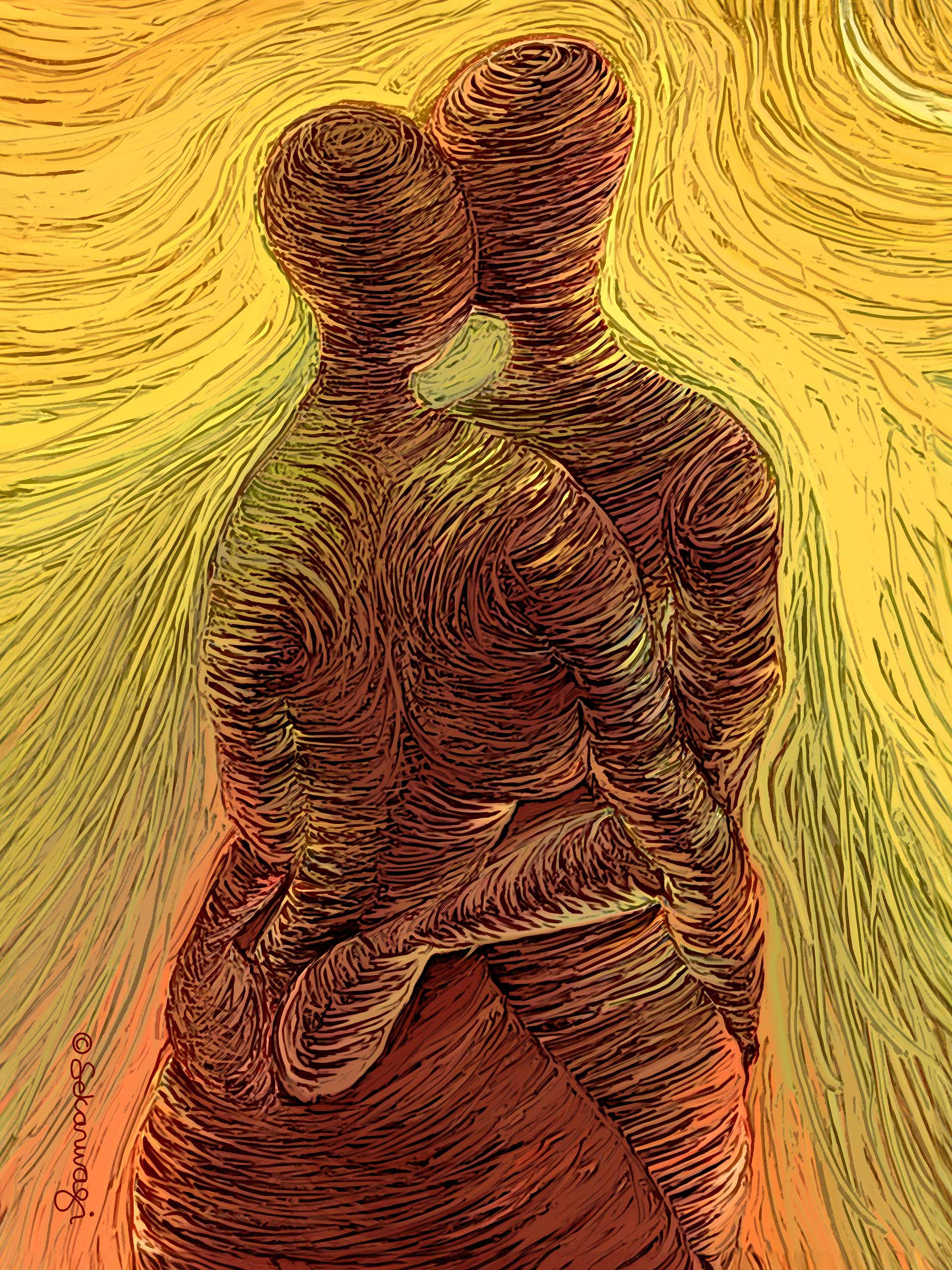 Loving Me, Loving You - Canvas Art showcases an abstract portrayal of intertwined figures, crafted with swirling lines on premium cotton canvas. The vibrant multicolored backdrop features shades of yellow, orange, and green, evoking warmth and motion.