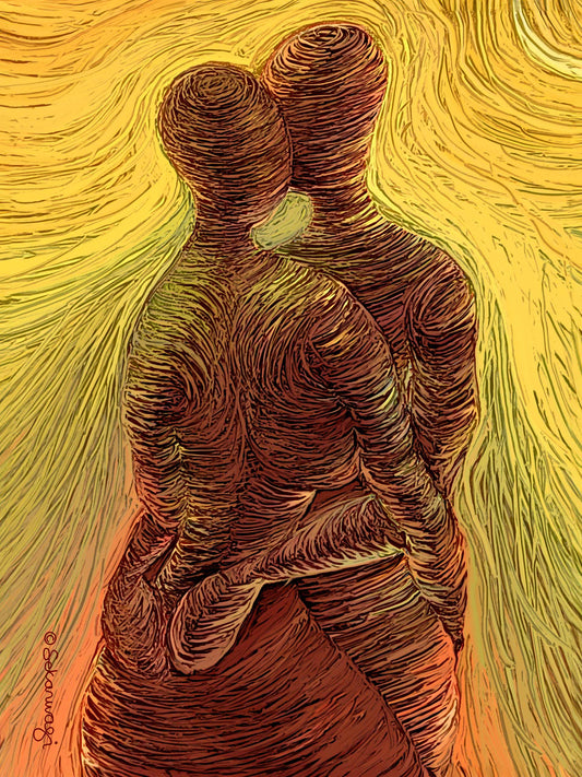 Loving Me, Loving You - Canvas Art showcases an abstract portrayal of intertwined figures, crafted with swirling lines on premium cotton canvas. The vibrant multicolored backdrop features shades of yellow, orange, and green, evoking warmth and motion.