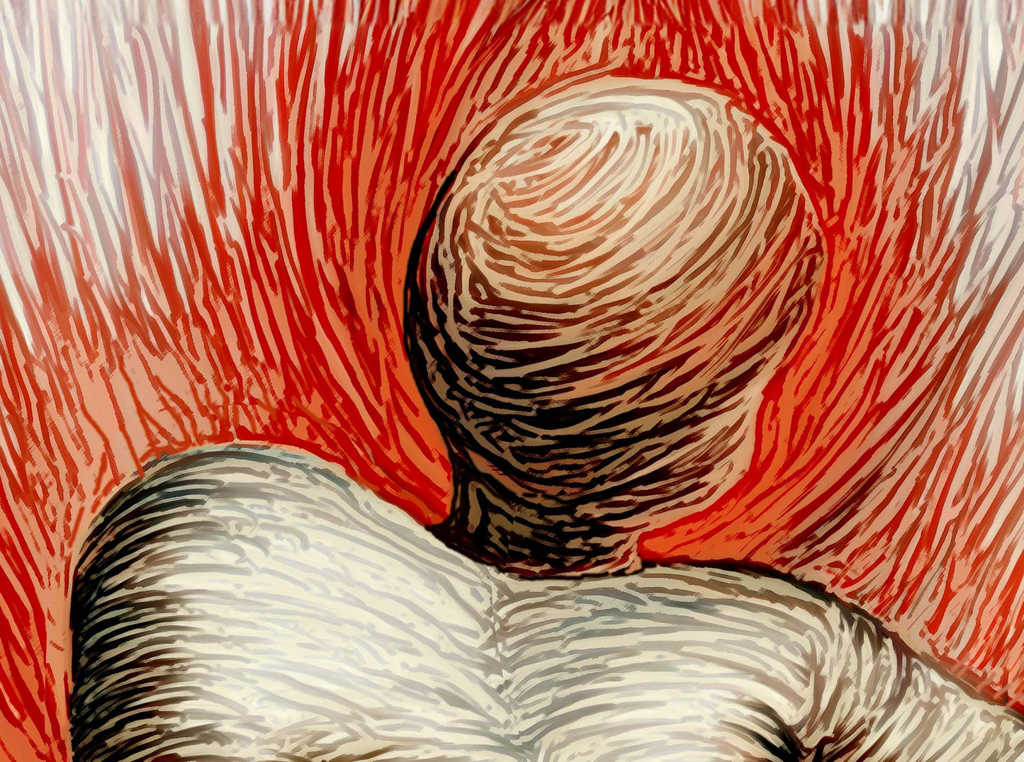 The Musing - Canvas Art features an abstract human figure with a rounded head lacking facial details. Dynamic red and orange lines radiate from the background, adding movement and intensity. This stunning canvas is ready to hang with FREE shipping included!.