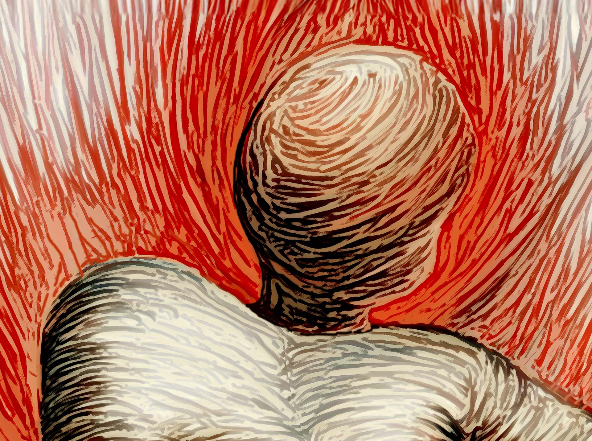 The Musing - Canvas Art features an abstract human figure with a rounded head lacking facial details. Dynamic red and orange lines radiate from the background, adding movement and intensity. This stunning canvas is ready to hang with FREE shipping included!.