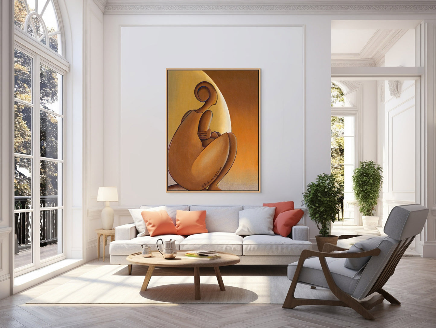 In a modern living room with a large window, a white sofa with orange cushions. A round wooden coffee table sits in front, while "Patience" - a Contemporary African Minimalist Canvas Art Print on premium quality cotton canvas hangs on the wall. Potted plants add greenery by the window.