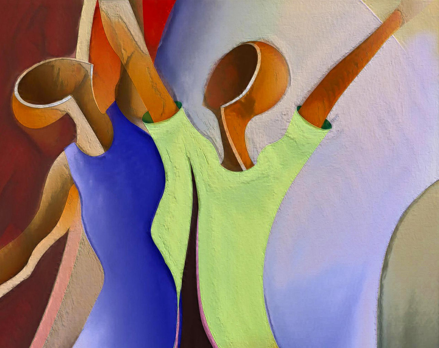 The Reaching For The Sky - Canvas Art features two figures with curved lines and vibrant colors. One wears blue, the other green, both with outstretched arms against a dynamic red, blue, and beige backdrop. Now available as ready-to-hang canvas art prints.