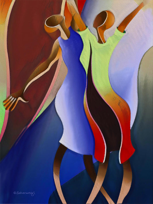 Reaching For The Sky - Canvas Art features abstract figures with elongated limbs in vibrant blue, green, and red, reaching upwards amid flowing backgrounds. Crafted on premium cotton canvas, it arrives ready to hang and admire instantly.