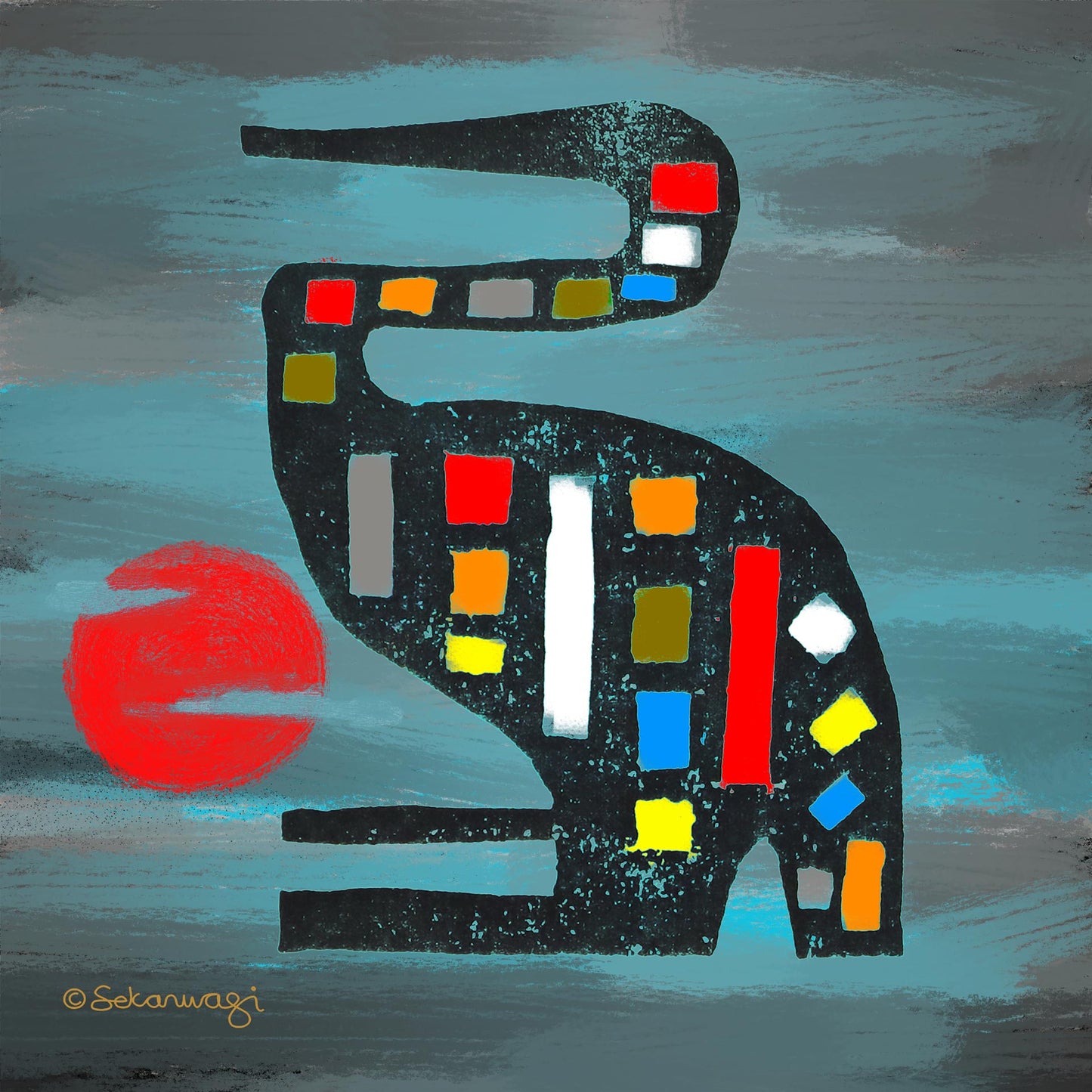 The Seated Crane - Contemporary African Design Canvas Art Print features an abstract bird with a long neck formed by geometric shapes in vibrant hues, set against a gray background with a red circle to the left, printed with eco-solvent inks on museum quality cotton canvas.