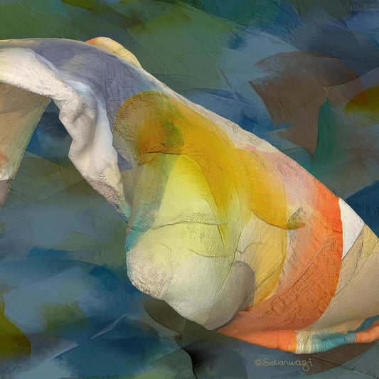 The Shape Of Unfolding Thought - Diptych Right Canvas Art on premium cotton showcases swirling textured strokes in blue, yellow, orange, and green. This signed piece evokes motion and fluidity, resembling an unfolding thought or billowing wave.