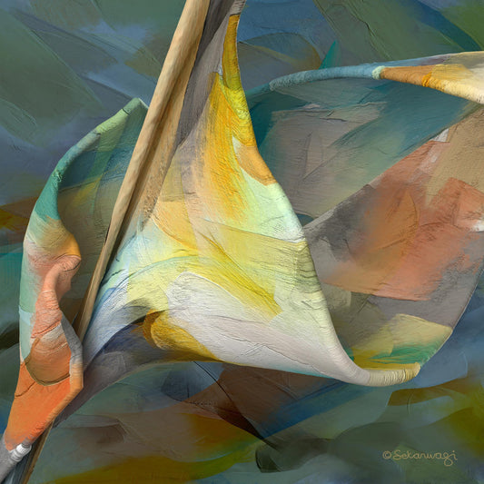 Shape Of Unfolding Thought - Diptych Left - Canvas Art is an abstract piece on premium cotton canvas, showcasing swirling colorful shapes in yellow, orange, blue, and green with textures that evoke movement and depth.