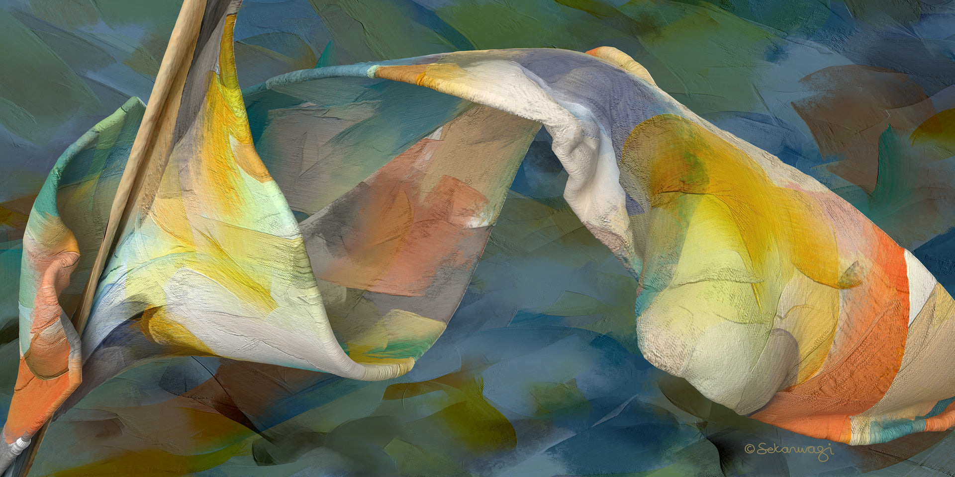 The Shape Of Unfolding Thought canvas art presents swirling textures like draped fabric in blue, green, yellow, and orange tones. This ready-to-hang piece offers a fluid effect to enhance your space with free shipping included.