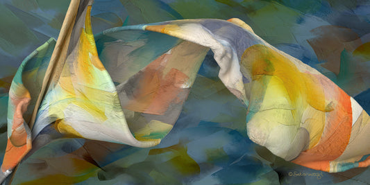 The Shape Of Unfolding Thought canvas art presents swirling textures like draped fabric in blue, green, yellow, and orange tones. This ready-to-hang piece offers a fluid effect to enhance your space with free shipping included.