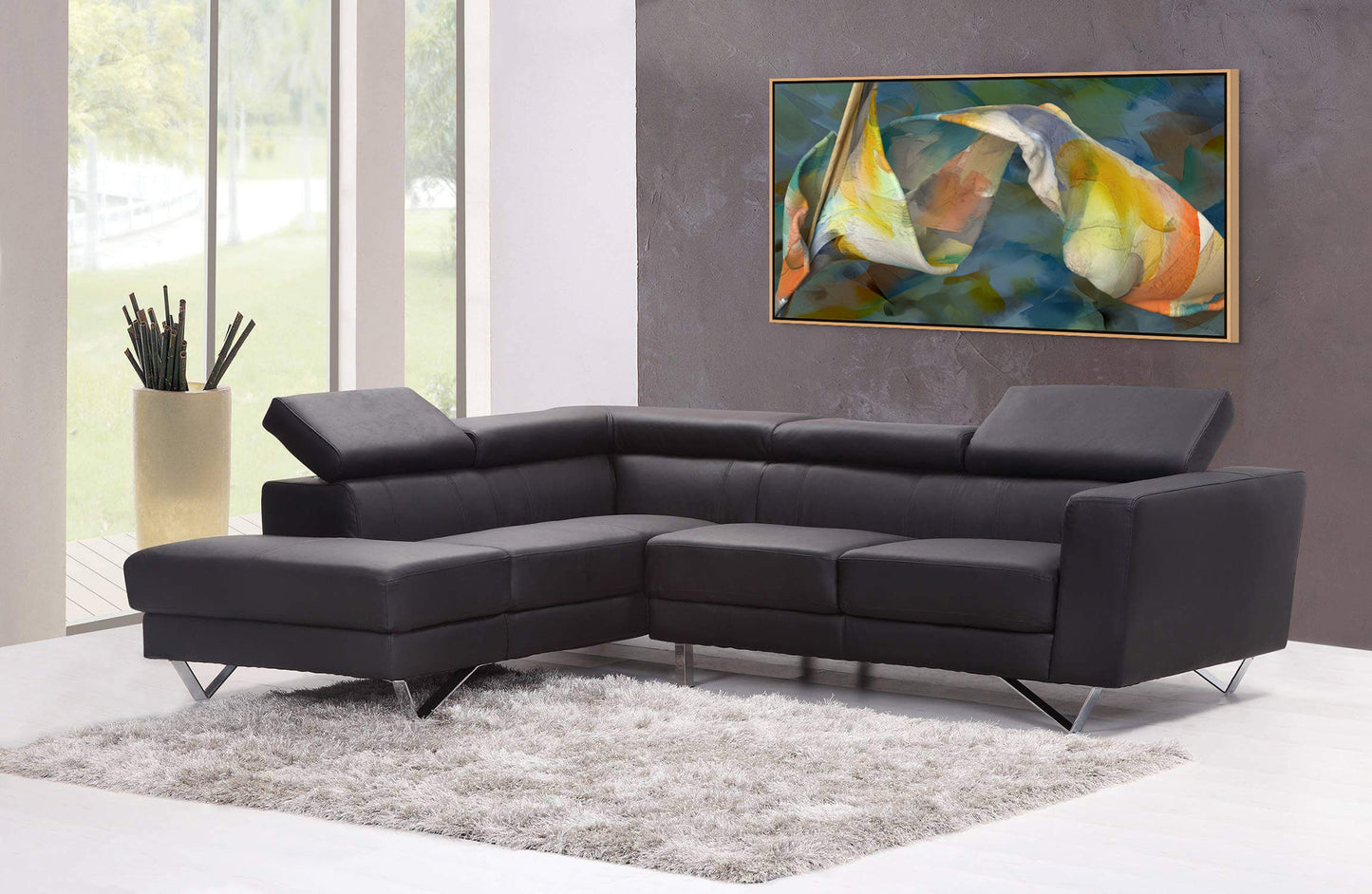In this modern living room, a black sectional sofa rests on a gray shag rug. The Shape Of Unfolding Thought - Diptych Left - Canvas Art adds color to the wall, while a tall vase with sticks stands by the window, overlooking green trees outside.